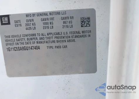 2016 Chevrolet Malibu Limited Lt z USA, uszkodzony, nr VIN 1G11C5SA8GU147404